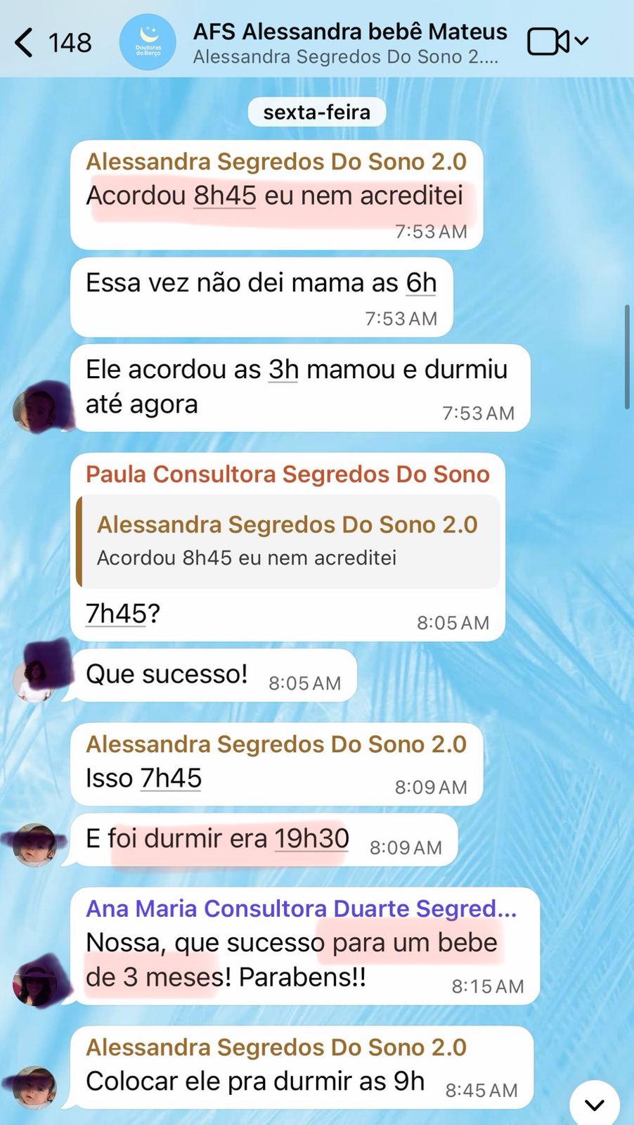 Depoimento da Alessandra, mãe do Mateus de 3 meses, no grupo AFS: bebê acordou às 8h45 após dormir desde 19h30